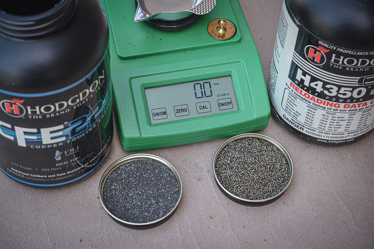 Spherical powders such as Hodgdon CFE 223 (left) offer excellent ballistic performance, along with a decoppering agent, and provide excellent metering qualities that allow powder charges to be thrown with accuracy.  Extruded powders, such as Hodgdon H-4350 Extreme (right), are hugely popular with match shooters and hunters, but are best if charge weights are weighed rather than thrown through a powder measure.